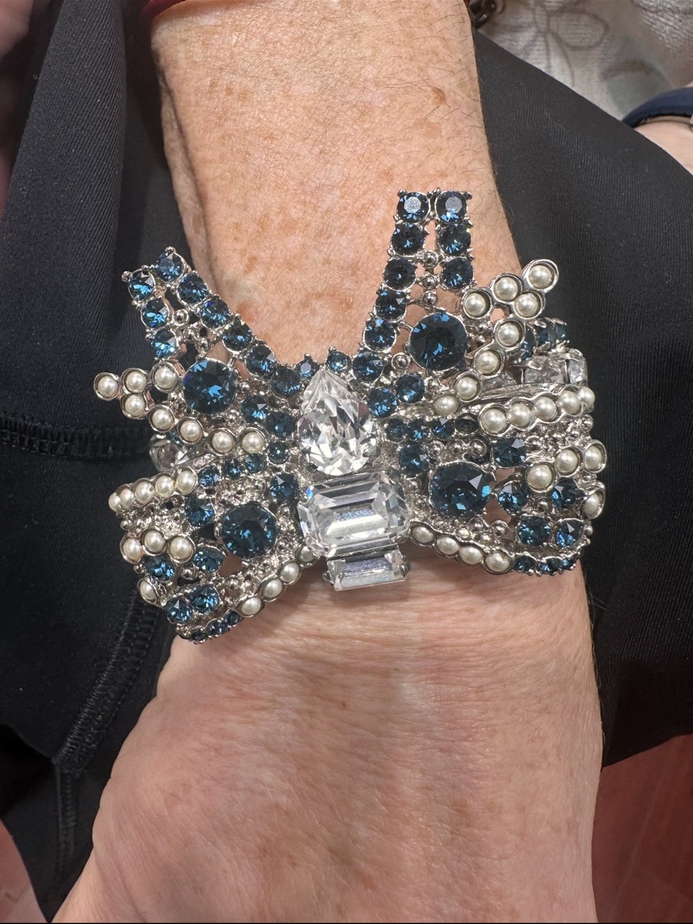 Miu Miu Teal Crystal Bow Bracelet with Faux Pearls new